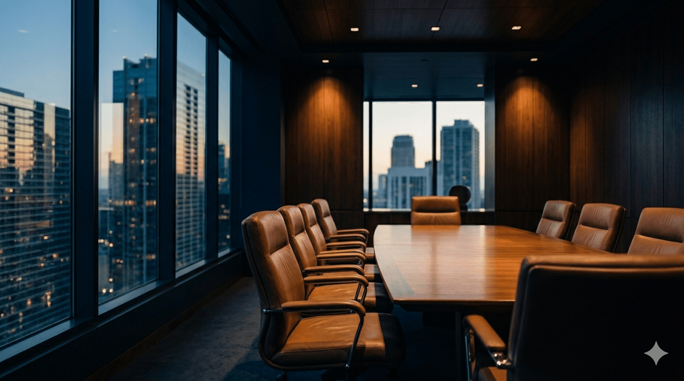 Luxury wood-paneled conference room representing The Benosa Group institutional foundation.