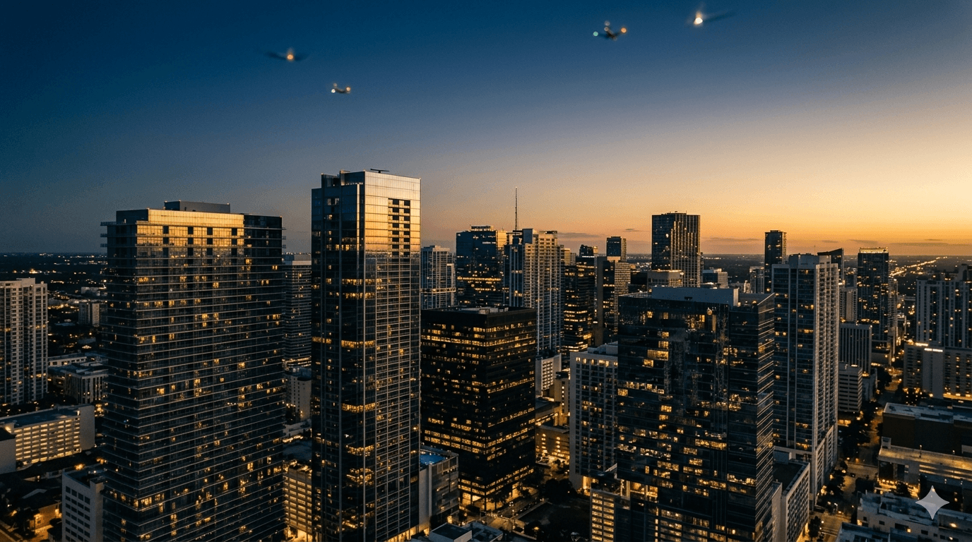 Aerial dusk city skyline representing The Benosa Group operating platform.