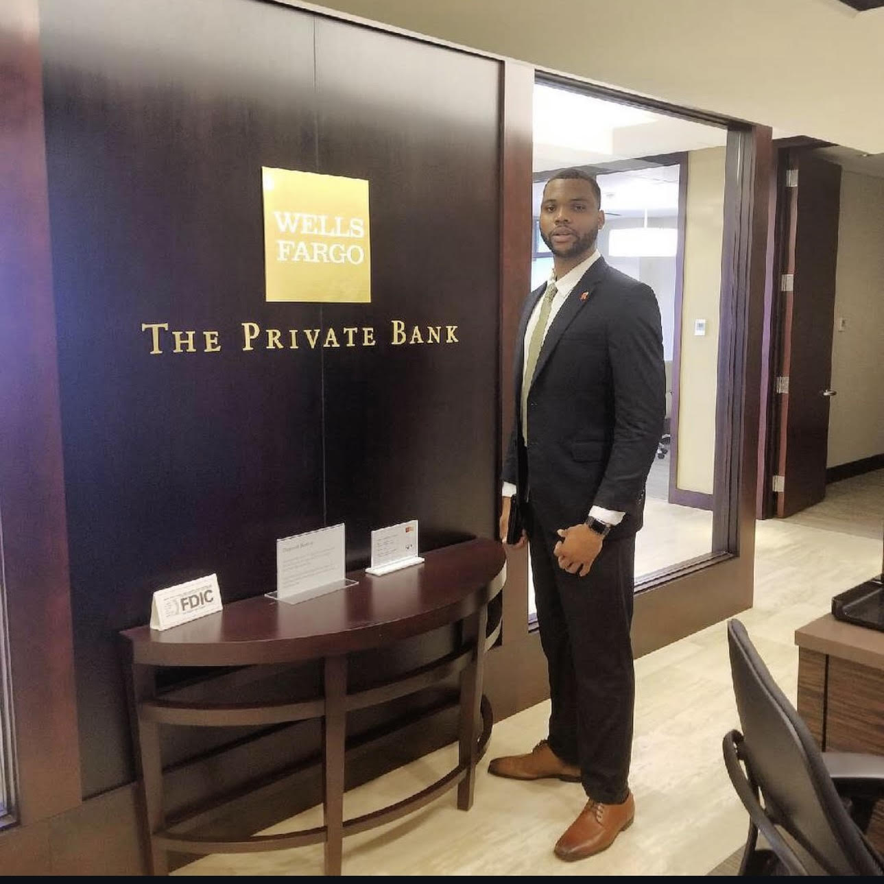 Isaiah Omoregie at the Wells Fargo Private Bank office.